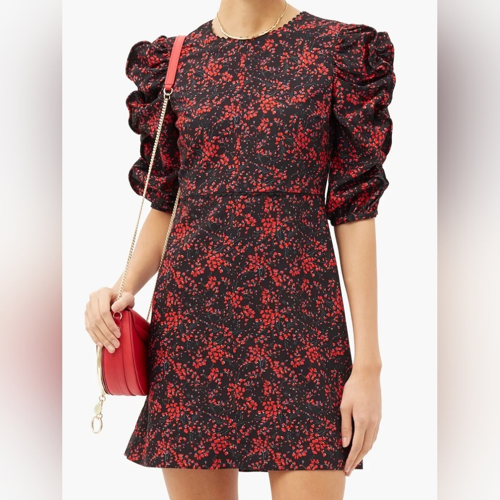 See By Chloe Women's Black‎ Ruched Floral Mini Crepe Dress Size 34